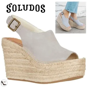 Soludos Sevilla Stone Grey Suede Espadrille Platform Wedge Slingback Sandals 9