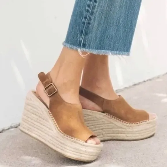 Soludos Sevilla Walnut Tan Suede Espadrille Platform Wedge Slingback Sandals 10