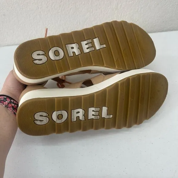 Sorel Cameron Flatform Beige Leather Lace Sandals Shoes NL4629-246 Womens 11