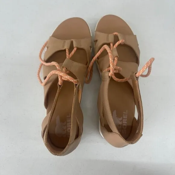 Sorel Cameron Flatform Beige Leather Lace Sandals Shoes NL4629-246 Womens 11