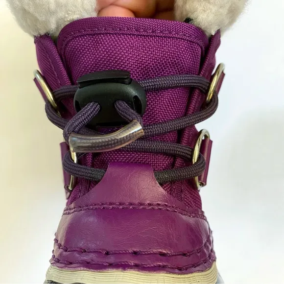 SOREL kids iris plum purple black yoot pac nylon rubber fur trim snow boots