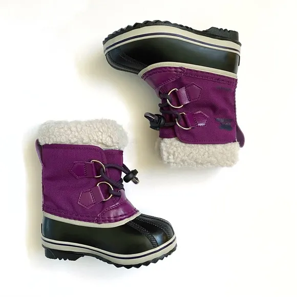 SOREL kids iris plum purple black yoot pac nylon rubber fur trim snow boots