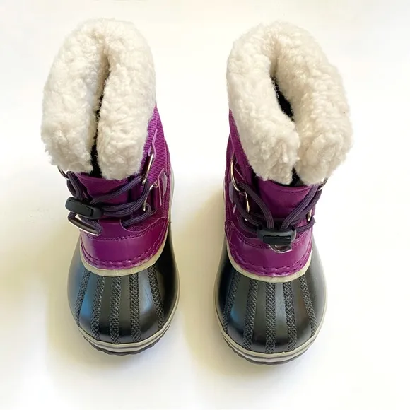 SOREL kids iris plum purple black yoot pac nylon rubber fur trim snow boots