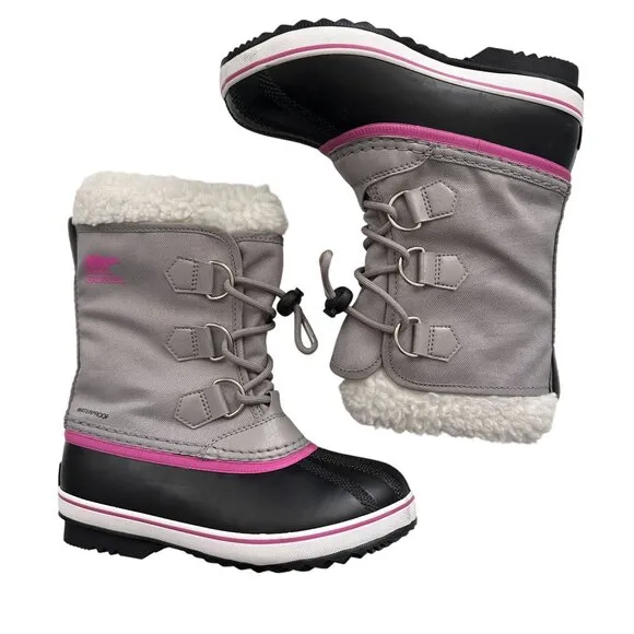 Sorel Kids Yoot Pac Nylon Snow Boots Waterproof Winter Shoes - Gray/Pink Youth 1