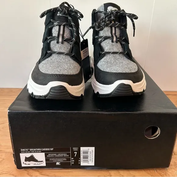 Sorel NIB Kinetic Breakthru Caribou Waterproof Shoe  6.5 Black White Boot