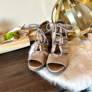 Sorel Womens Joanie II Lace Tan Lace-Up Wedges Shoes 6 Sandals Bootie