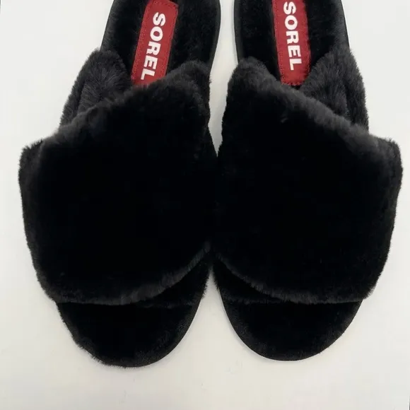 Sorel Womens Slippers Go Mail Run Black Fluffy Slip On Lounge Comfort Size 10