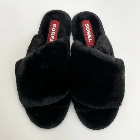 Sorel Womens Slippers Go Mail Run Black Fluffy Slip On Lounge Comfort Size 10