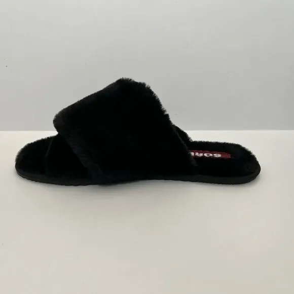 Sorel Womens Slippers Go Mail Run Black Fluffy Slip On Lounge Comfort Size 10