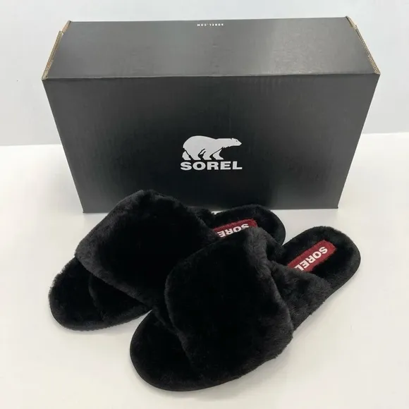 Sorel Womens Slippers Go Mail Run Black Fluffy Slip On Lounge Comfort Size 10