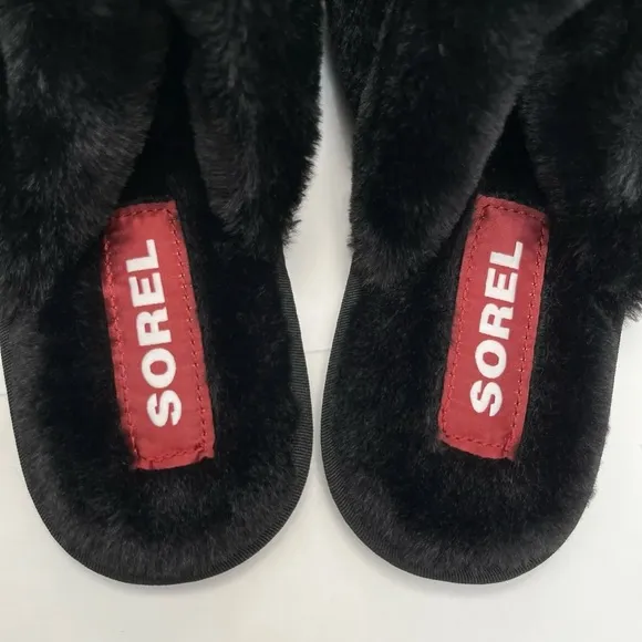 Sorel Womens Slippers Go Mail Run Black Fluffy Slip On Lounge Comfort Size 10