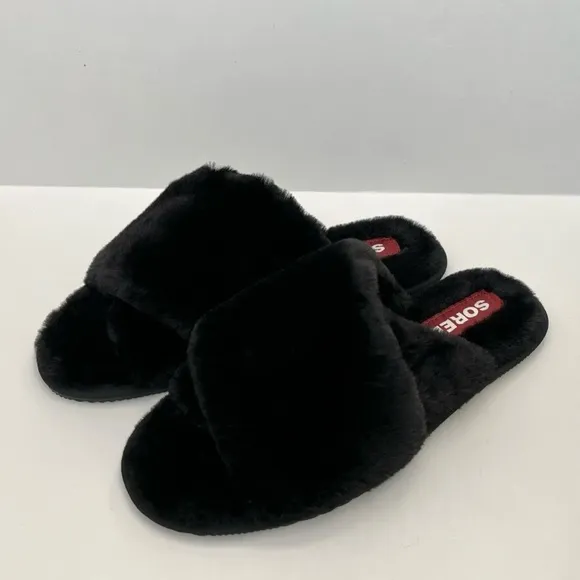 Sorel Womens Slippers Go Mail Run Black Fluffy Slip On Lounge Comfort Size 10