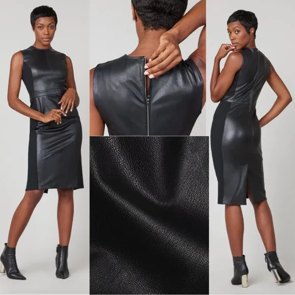 SPANX Faux Leather Sheath Dress Sleeveless Ponte Luxe Valentines Modern Black 2X
