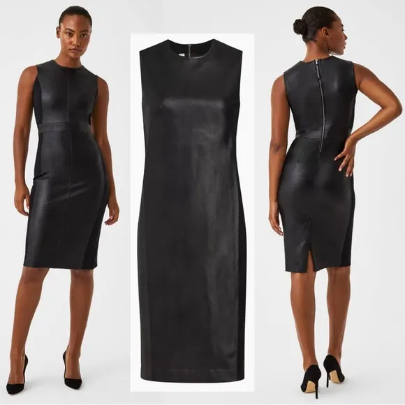 SPANX Faux Leather Sheath Dress Sleeveless Ponte Luxe Valentines Modern Black 2X