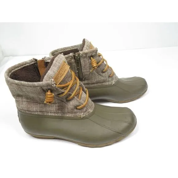 Sperry Saltwater Heavy Linen OLIVE Duck Boots Waterproof Rain Boots Women Size 7