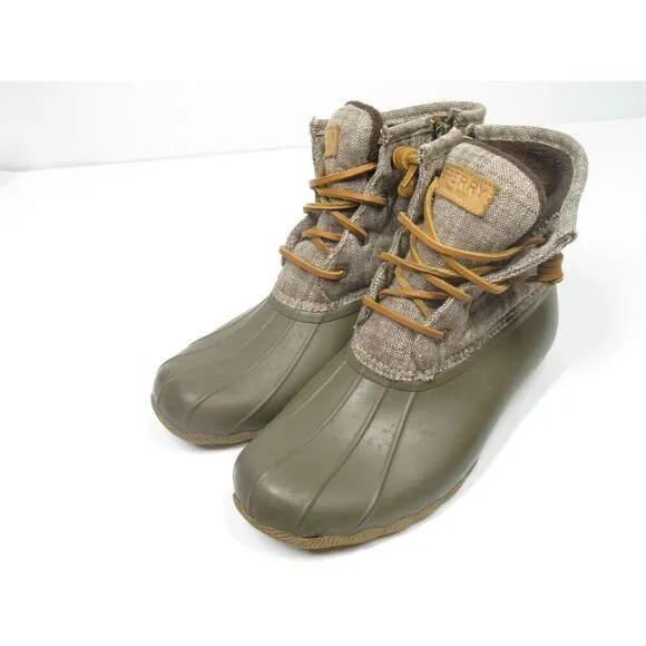 Sperry Saltwater Heavy Linen OLIVE Duck Boots Waterproof Rain Boots Women Size 7