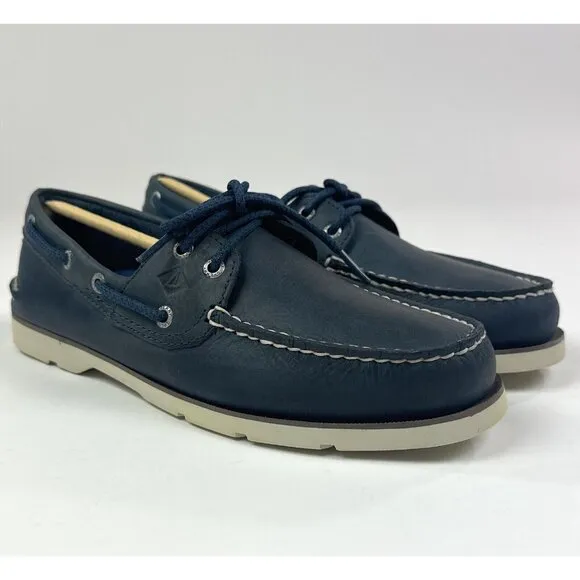 Sperry Top-Sider Leeward 2-Eye Mens Wide Navy Blue White Leather Boat Shoes