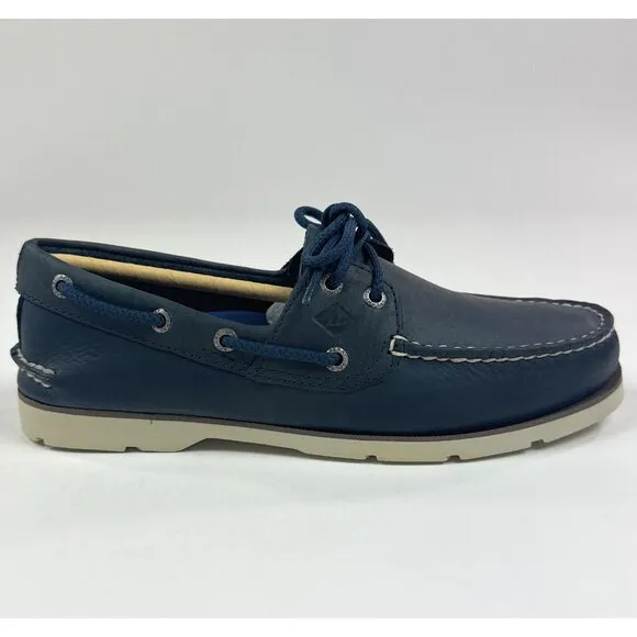 Sperry Top-Sider Leeward 2-Eye Mens Wide Navy Blue White Leather Boat Shoes