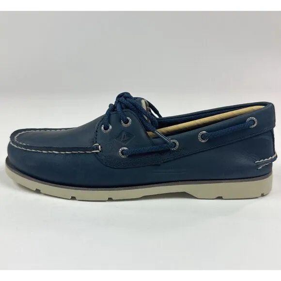 Sperry Top-Sider Leeward 2-Eye Mens Wide Navy Blue White Leather Boat Shoes