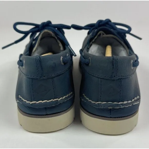 Sperry Top-Sider Leeward 2-Eye Mens Wide Navy Blue White Leather Boat Shoes