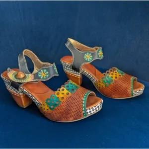 Spring Step Platform Heels Shoes 38 Multi Peep Sandal Artsy Boho Hippie Floral