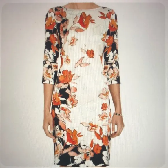 ST. JOHN Modern Floral Stretch Silk Charmeuse Sheath Dress  Size 10