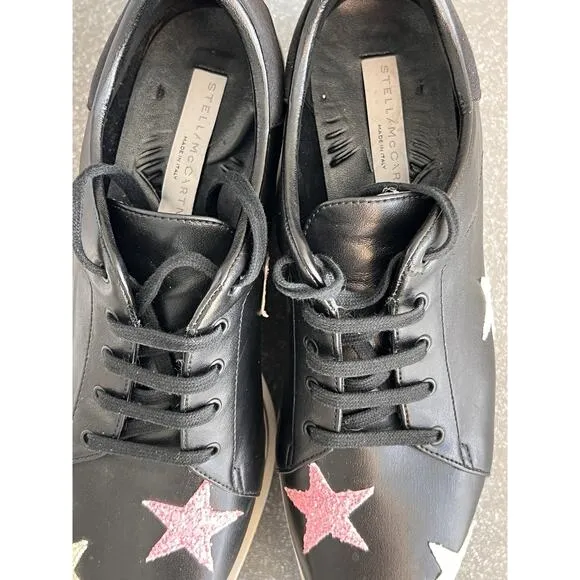 Stella McCartney Elyse Stars Women Black Leather Platform Sneakers 38.5 with Box