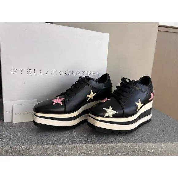 Stella McCartney Elyse Stars Women Black Leather Platform Sneakers 38.5 with Box