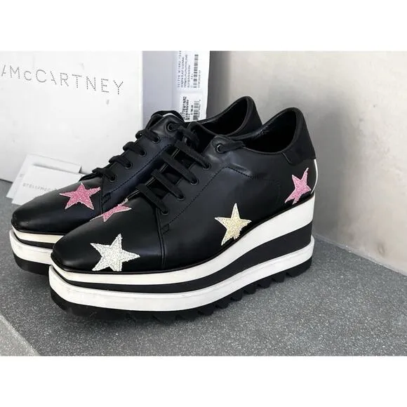 Stella McCartney Elyse Stars Women Black Leather Platform Sneakers 38.5 with Box
