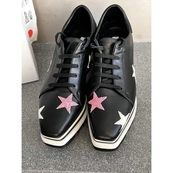 Stella McCartney Elyse Stars Women Black Leather Platform Sneakers 38.5 with Box