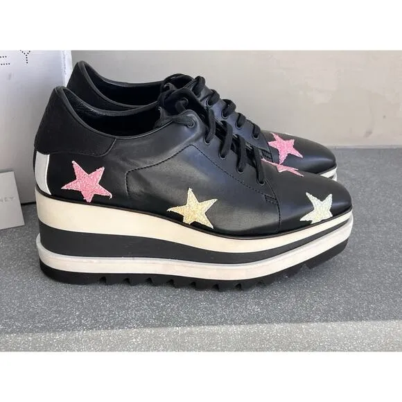 Stella McCartney Elyse Stars Women Black Leather Platform Sneakers 38.5 with Box