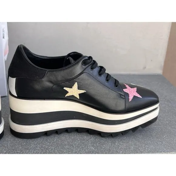 Stella McCartney Elyse Stars Women Black Leather Platform Sneakers 38.5 with Box