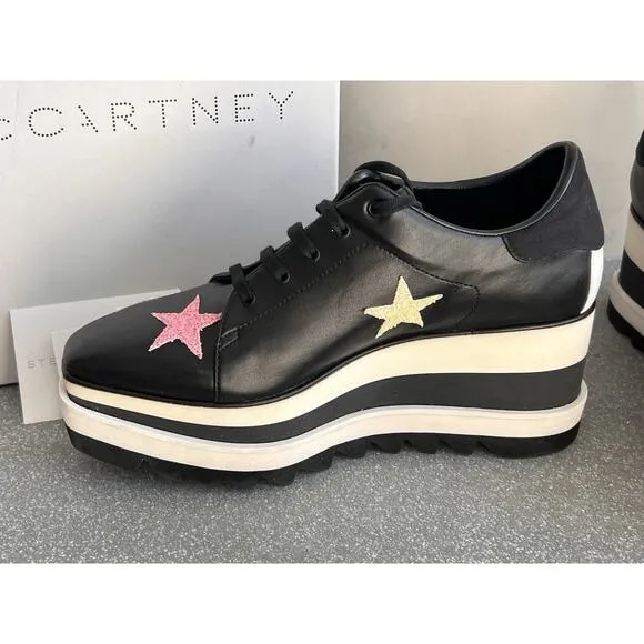 Stella McCartney Elyse Stars Women Black Leather Platform Sneakers 38.5 with Box