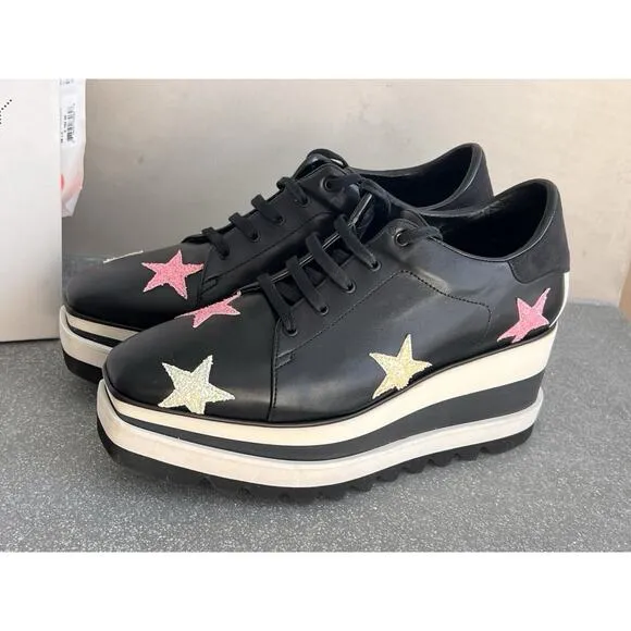 Stella McCartney Elyse Stars Women Black Leather Platform Sneakers 38.5 with Box