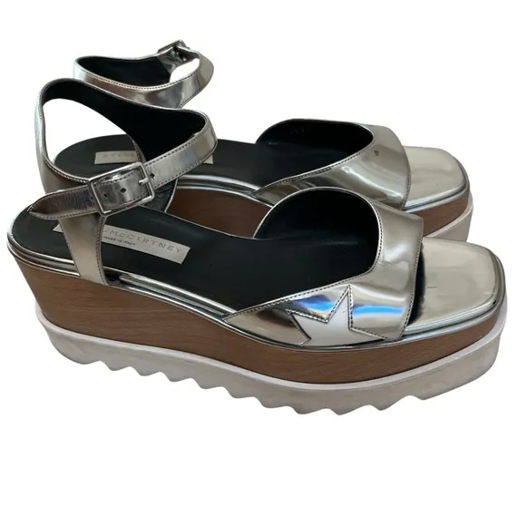 STELLA MCCARTNEY SHOES ELYSE STAR WOOD PLATFORM SANDALS SILVER EU 39 US 9