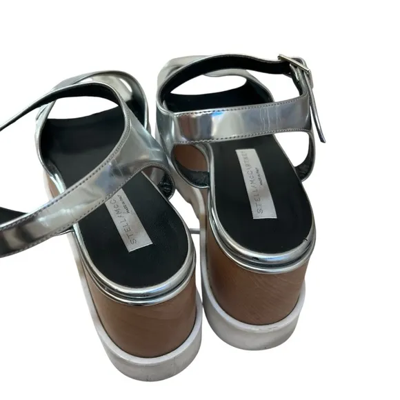 STELLA MCCARTNEY SHOES ELYSE STAR WOOD PLATFORM SANDALS SILVER EU 39 US 9