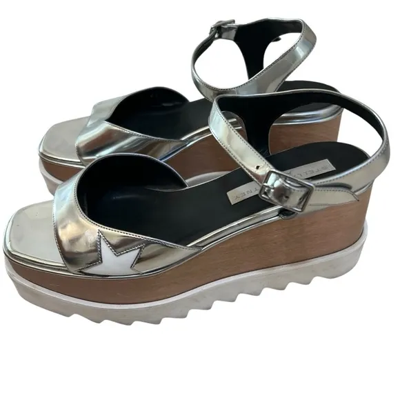 STELLA MCCARTNEY SHOES ELYSE STAR WOOD PLATFORM SANDALS SILVER EU 39 US 9