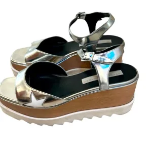 STELLA MCCARTNEY SHOES ELYSE STAR WOOD PLATFORM SANDALS SILVER EU 39 US 9