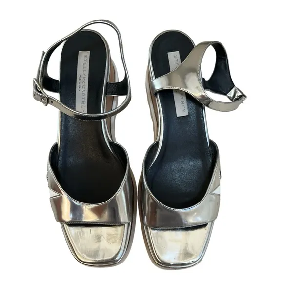STELLA MCCARTNEY SHOES ELYSE STAR WOOD PLATFORM SANDALS SILVER EU 39 US 9