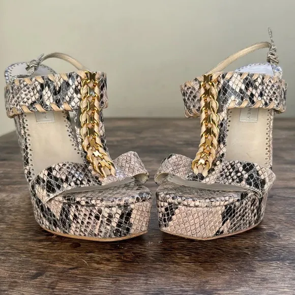 Stella McCartney snakeskin platform wedge heel sandals w/ gold chain size 7