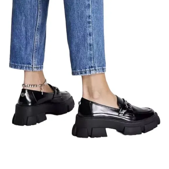 STEVE MADDEN Shoes Women’s 10 Black Leather Loafer Trifecta Platform Lug sole