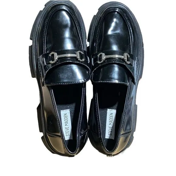 STEVE MADDEN Shoes Women’s 10 Black Leather Loafer Trifecta Platform Lug sole