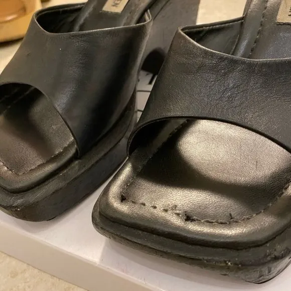 Steve Madden Wedge Leather Sandals Shoes Black