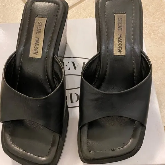 Steve Madden Wedge Leather Sandals Shoes Black