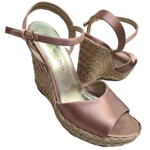 STUART WEITZMAN Ballet Pink Satin Espadrille Platform Ankle Strap Sandals 8.5