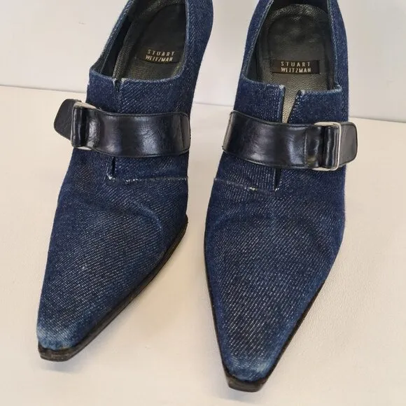 Stuart Weitzman Blue Denim Ankle Boots Heel Booties Size 6.5 B