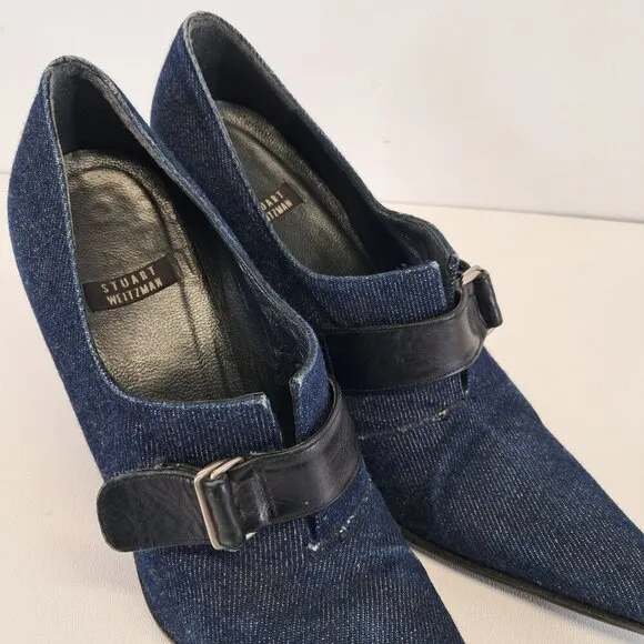 Stuart Weitzman Blue Denim Ankle Boots Heel Booties Size 6.5 B