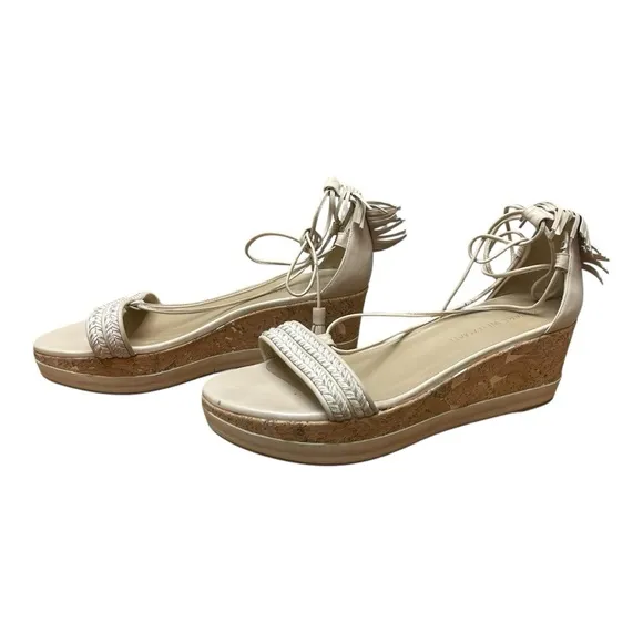 Stuart Weitzman Cream Wedge Sandals Lace Up Fringe Tassels Bohemian Sz 10
