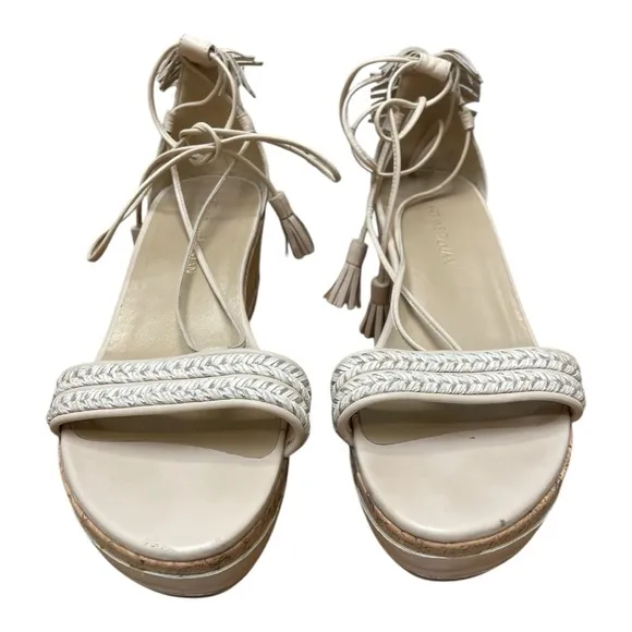 Stuart Weitzman Cream Wedge Sandals Lace Up Fringe Tassels Bohemian Sz 10