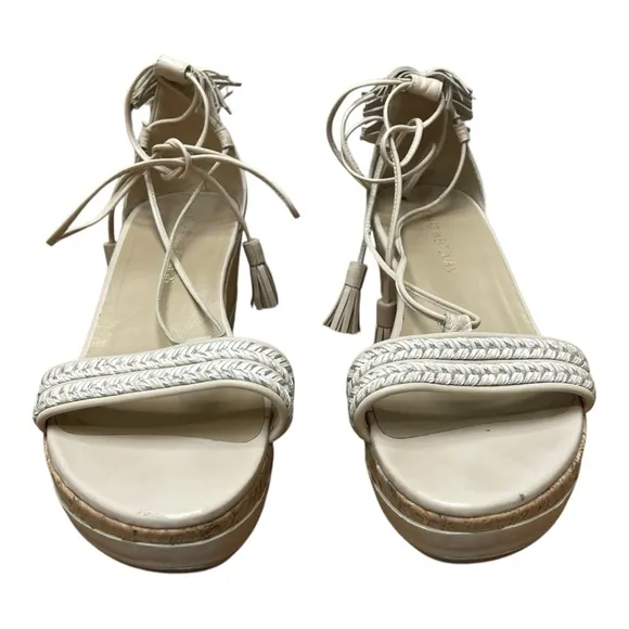 Stuart Weitzman Cream Wedge Sandals Lace Up Fringe Tassels Bohemian Sz 10
